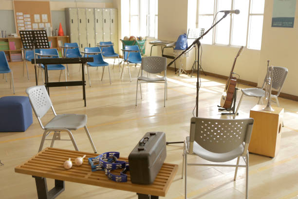 a temporary music classroom in the empty school gym